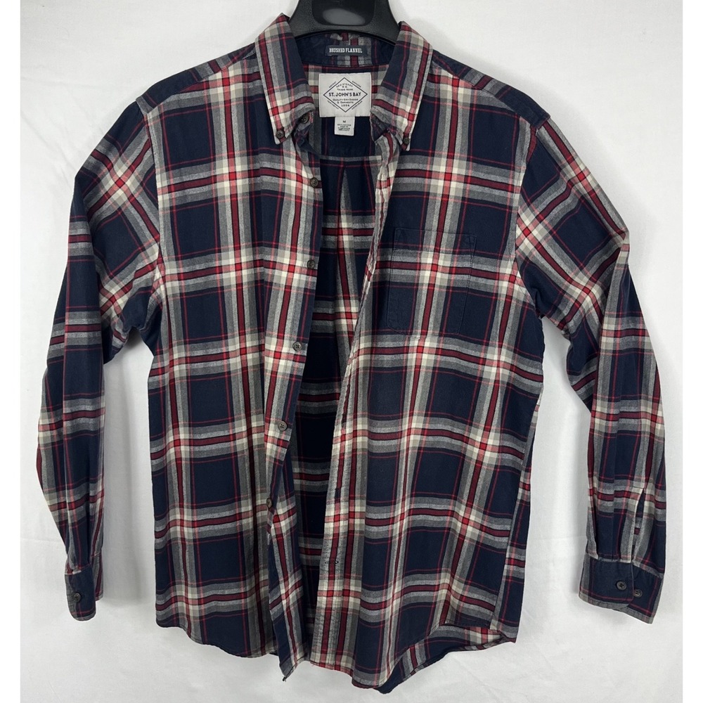 St. Johns Bay Mens Medium Blue Red Plaid Brushed Flannel Cotton Button Up Shirt